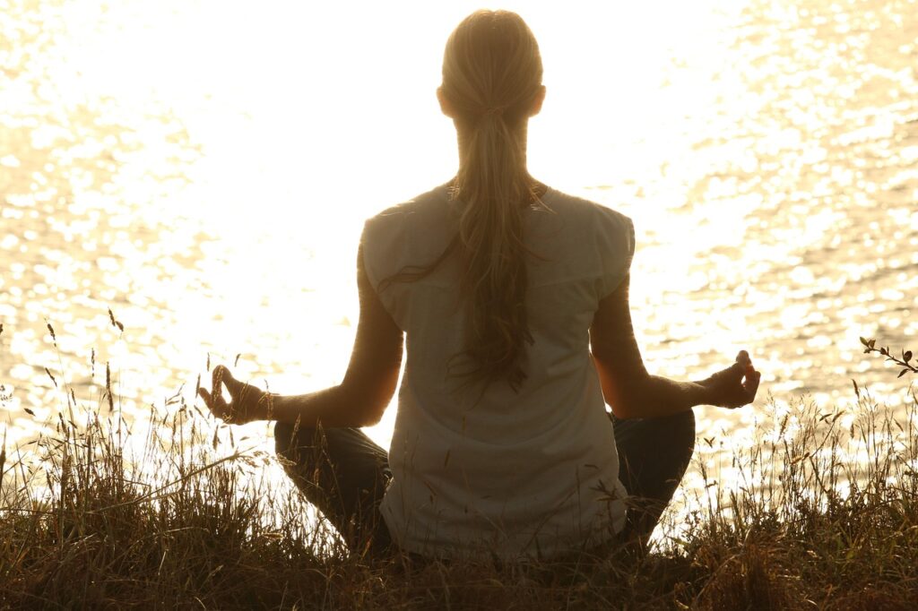 meditate, woman, yoga, zen, meditating, relax, relaxing, wellness, yoga pose, meditation, nature, peaceful, silhouette, sunset, tranquil, calm
